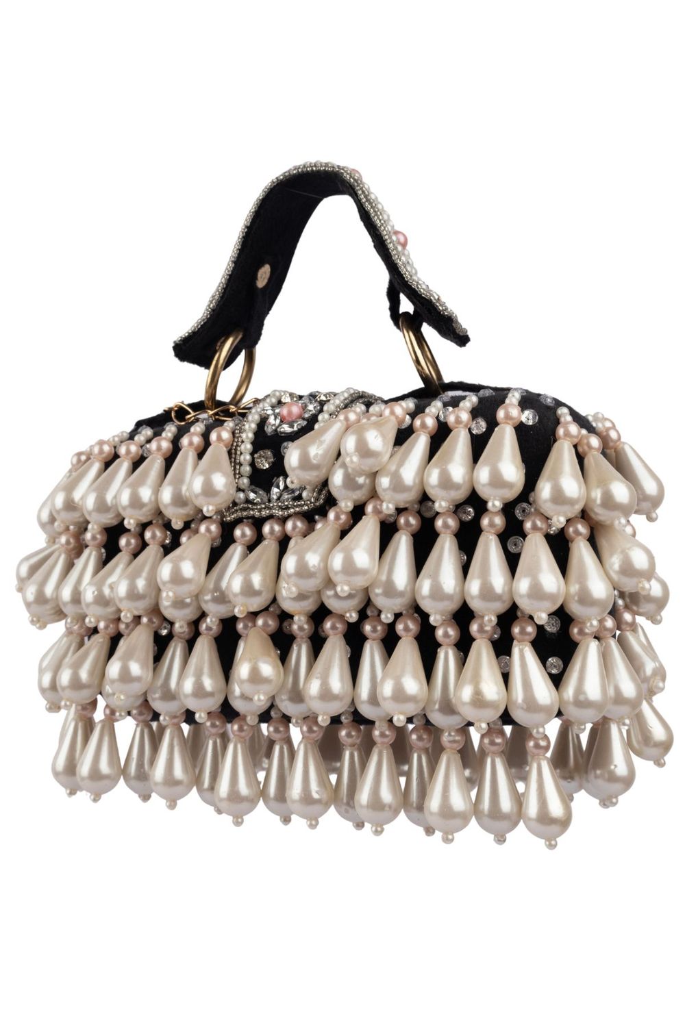 Pearl handcrafted clutch bag with traditional detailing short handle and detachable shoulder chain for wedding and festive wear
