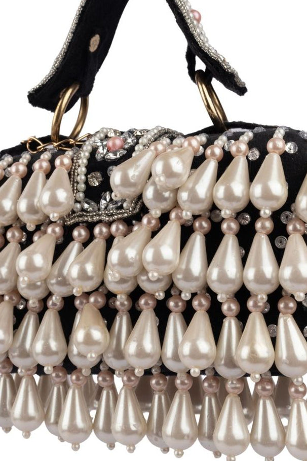 Pearl handcrafted clutch bag with traditional detailing short handle and detachable shoulder chain for wedding and festive wear