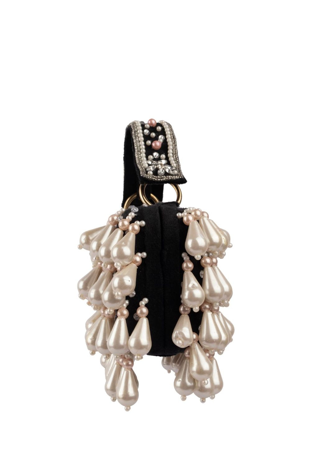 Pearl handcrafted clutch bag with traditional detailing short handle and detachable shoulder chain for wedding and festive wear