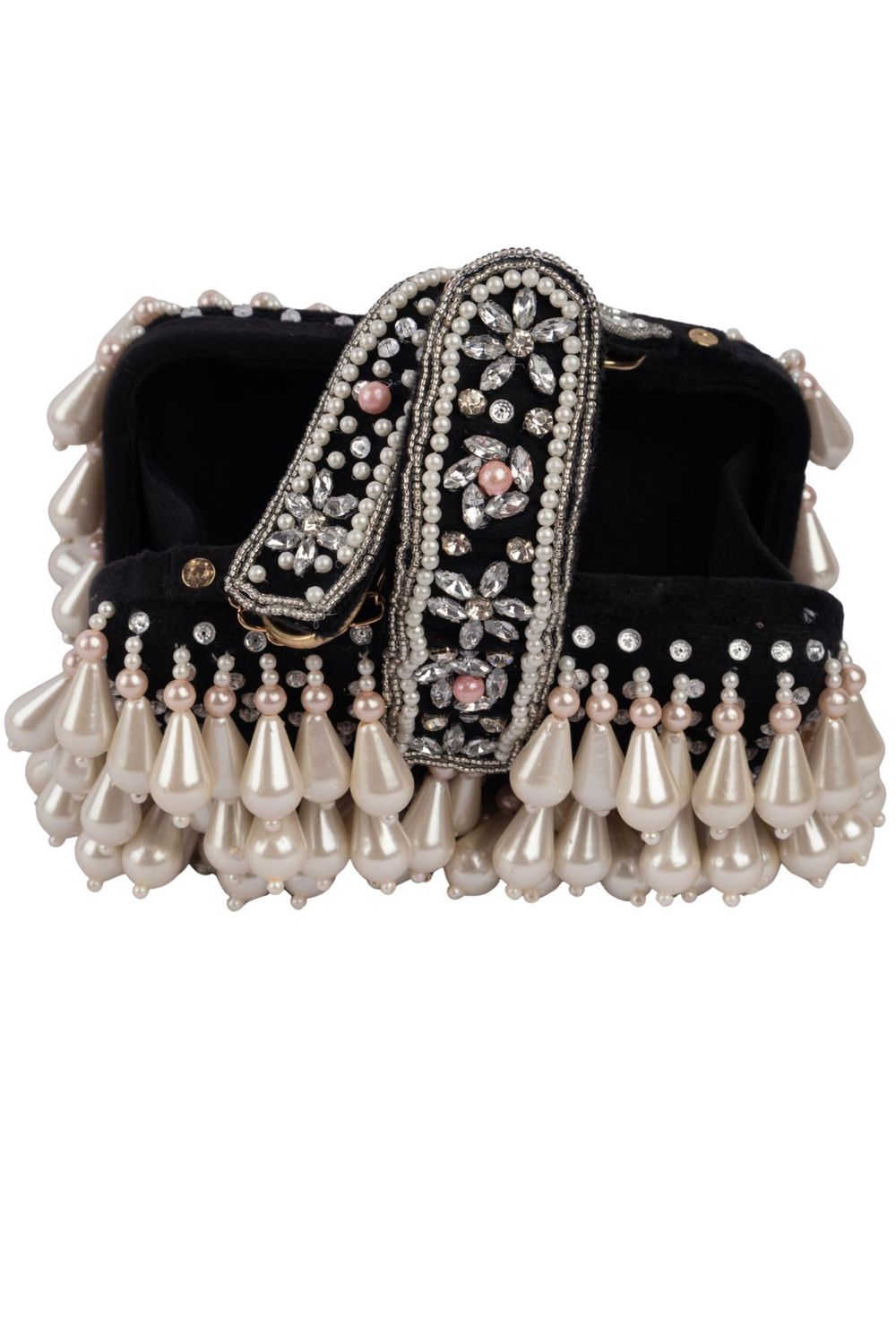 Pearl handcrafted clutch bag with traditional detailing short handle and detachable shoulder chain for wedding and festive wear