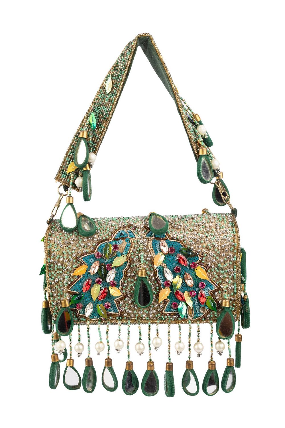 Black handcrafted potli bag with sequin cutdana beadwork stones and drawstring closure for festive and wedding wear