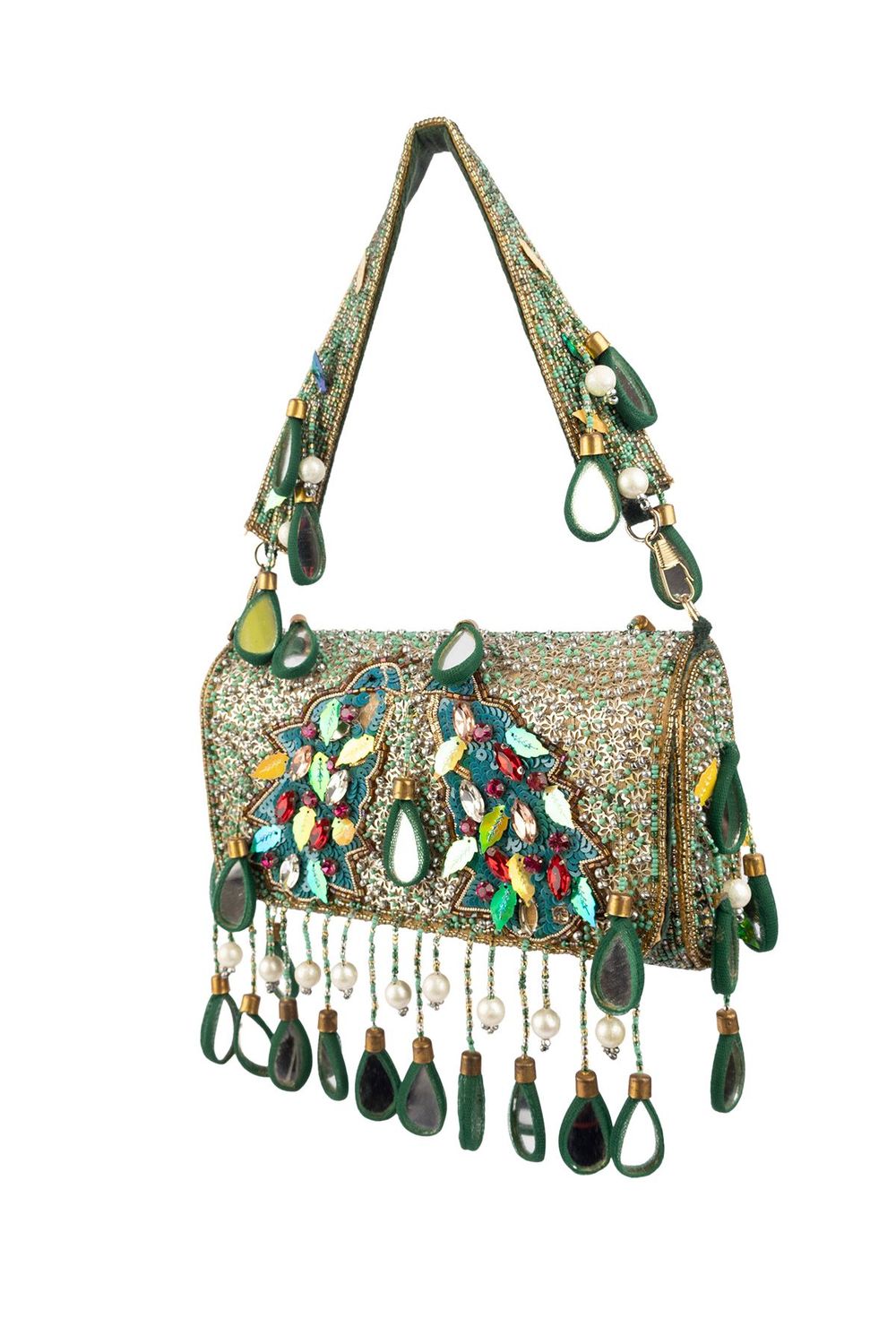 Black handcrafted potli bag with sequin cutdana beadwork stones and drawstring closure for festive and wedding wear