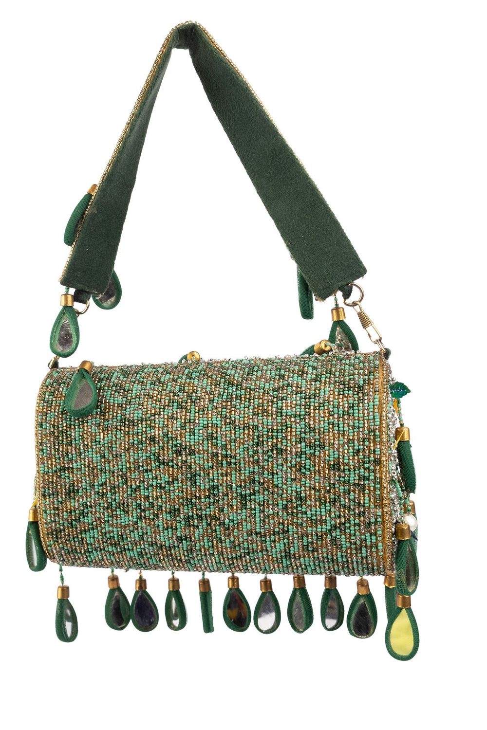 Black handcrafted potli bag with sequin cutdana beadwork stones and drawstring closure for festive and wedding wear