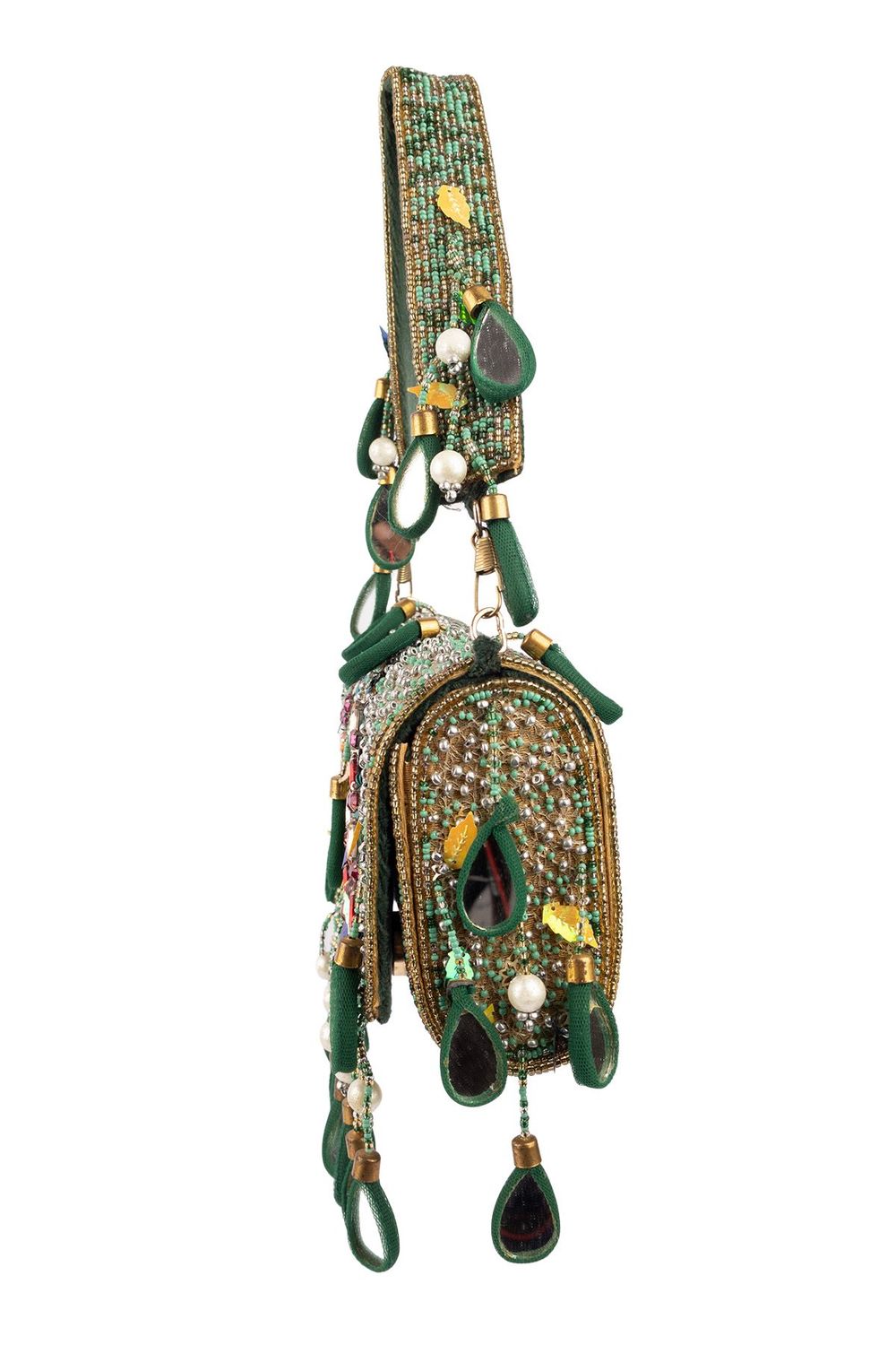 Black handcrafted potli bag with sequin cutdana beadwork stones and drawstring closure for festive and wedding wear