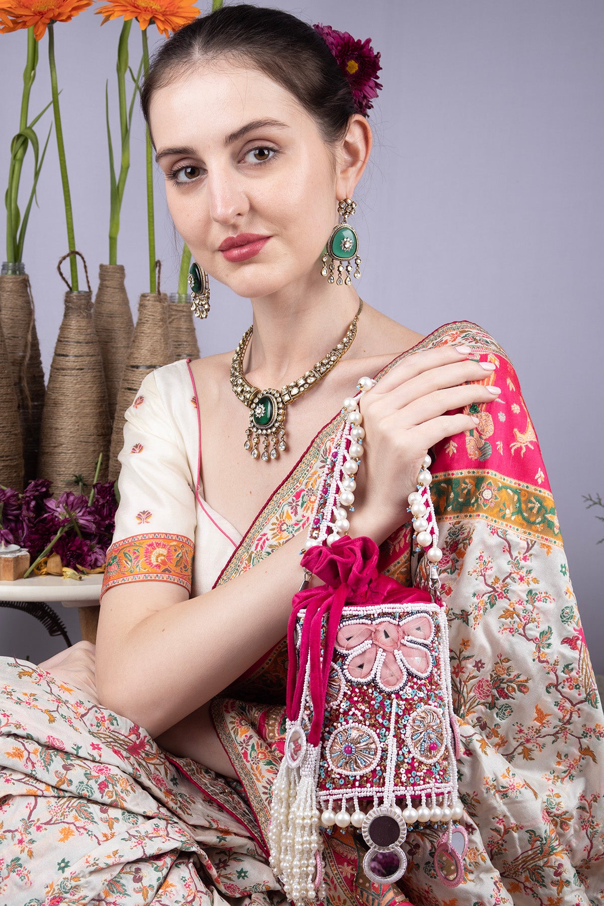 Velvet potli bag with pearl mirror gota patti bead sequin stone work tassel drawstring closure festive wedding ethnic accessory
