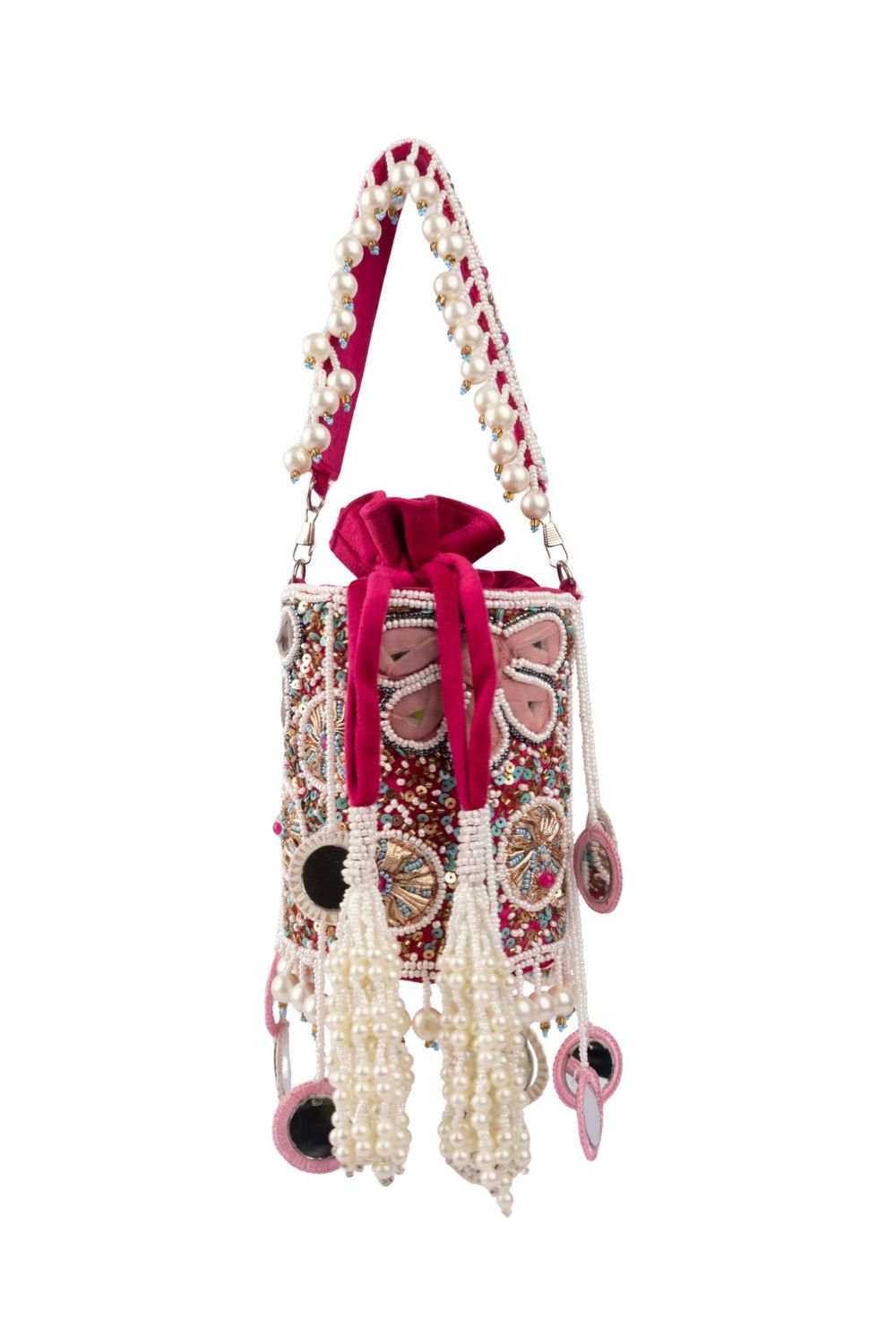 Velvet potli bag with pearl mirror gota patti bead sequin stone work tassel drawstring closure festive wedding ethnic accessory