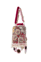 Velvet potli bag with pearl mirror gota patti bead sequin stone work tassel drawstring closure festive wedding ethnic accessory