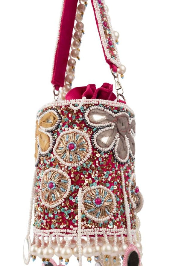 Velvet potli bag with pearl mirror gota patti bead sequin stone work tassel drawstring closure festive wedding ethnic accessory