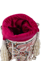 Velvet potli bag with pearl mirror gota patti bead sequin stone work tassel drawstring closure festive wedding ethnic accessory