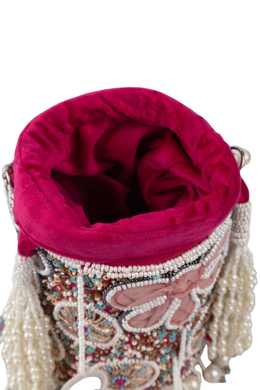 Velvet potli bag with pearl mirror gota patti bead sequin stone work tassel drawstring closure festive wedding ethnic accessory