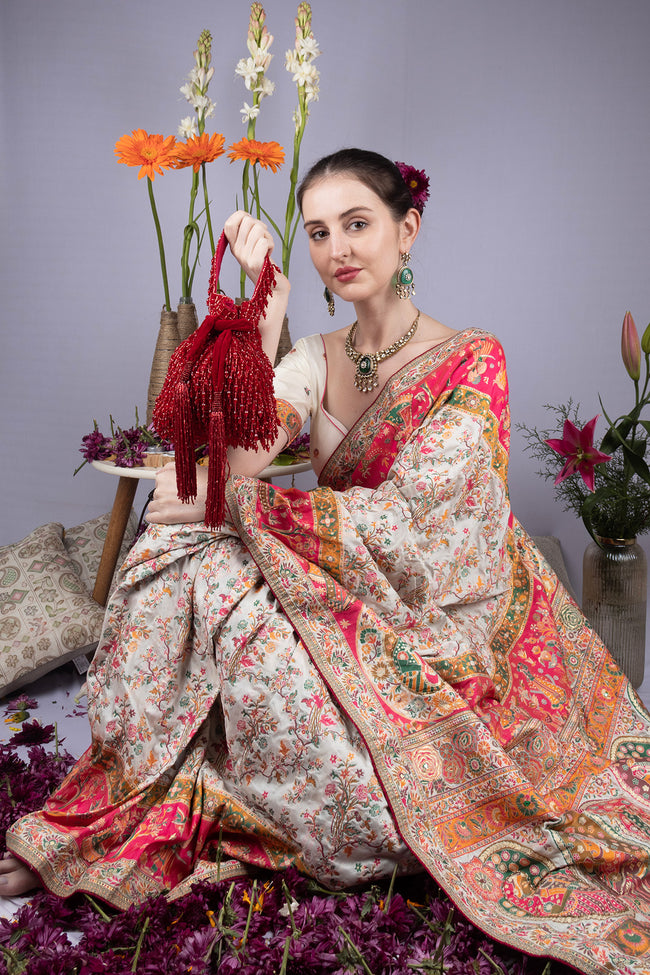 Red Crystal Cutdana Embellished Suede Potli Bag Main Image