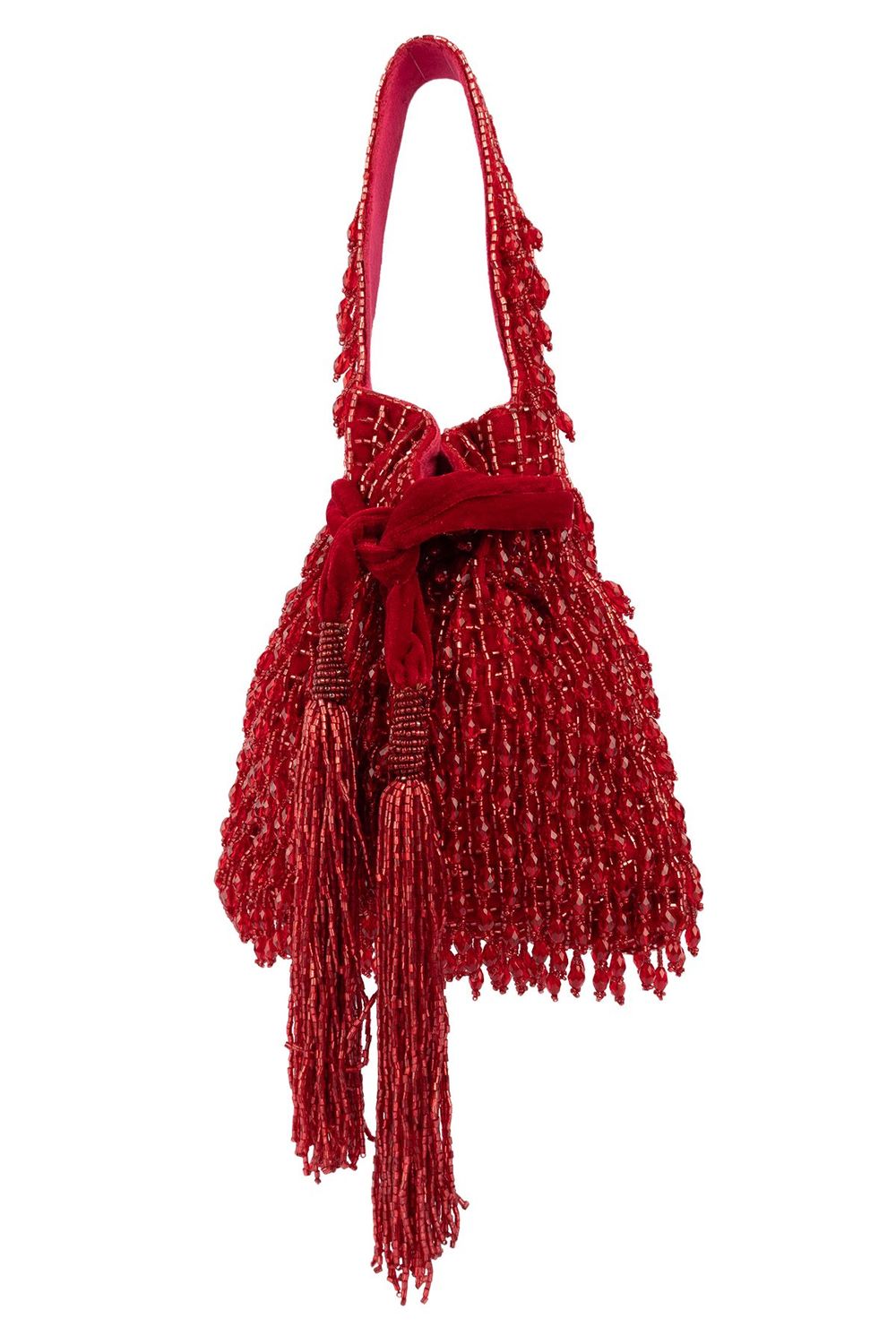 Suede potli bag with cutdana and crystal work and cascading embellishments with drawstring closure for wedding and festive occasions