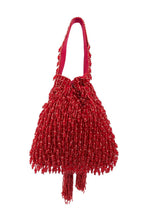 Suede potli bag with cutdana and crystal work and cascading embellishments with drawstring closure for wedding and festive occasions