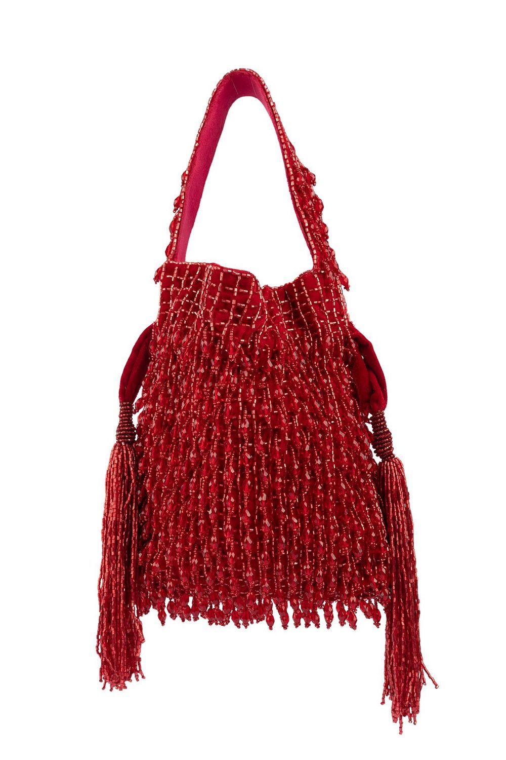 Suede potli bag with cutdana and crystal work and cascading embellishments with drawstring closure for wedding and festive occasions
