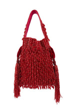Suede potli bag with cutdana and crystal work and cascading embellishments with drawstring closure for wedding and festive occasions