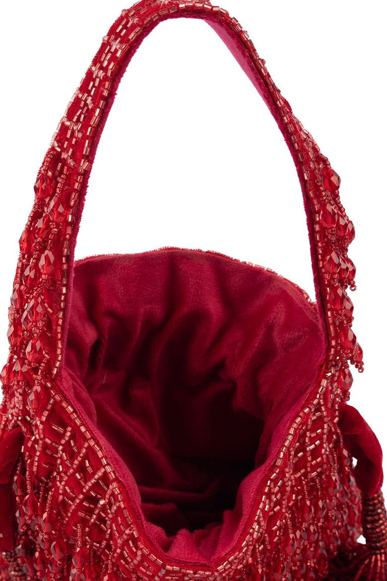 Suede potli bag with cutdana and crystal work and cascading embellishments with drawstring closure for wedding and festive occasions