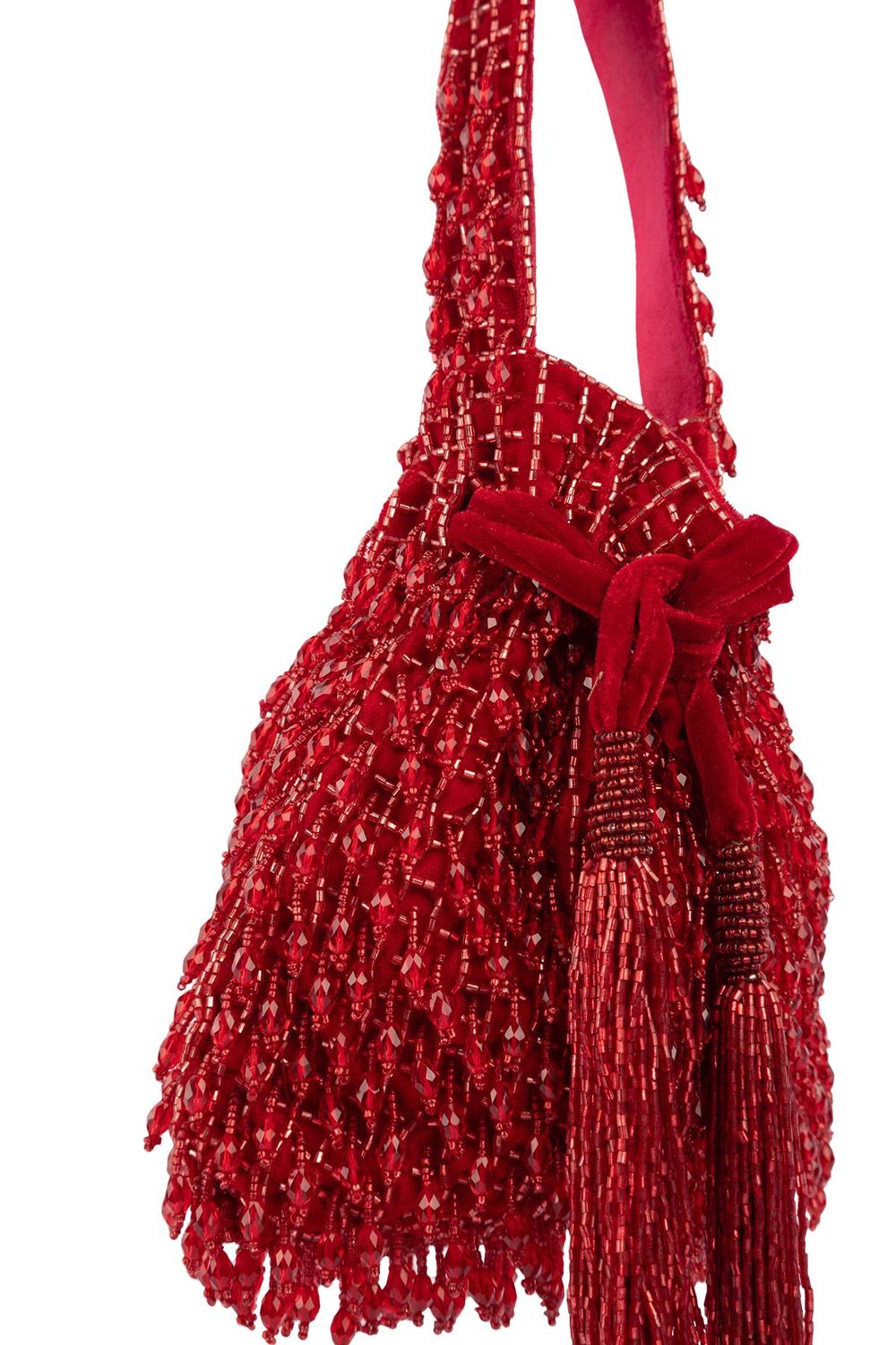 Suede potli bag with cutdana and crystal work and cascading embellishments with drawstring closure for wedding and festive occasions