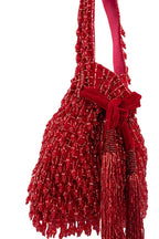 Suede potli bag with cutdana and crystal work and cascading embellishments with drawstring closure for wedding and festive occasions