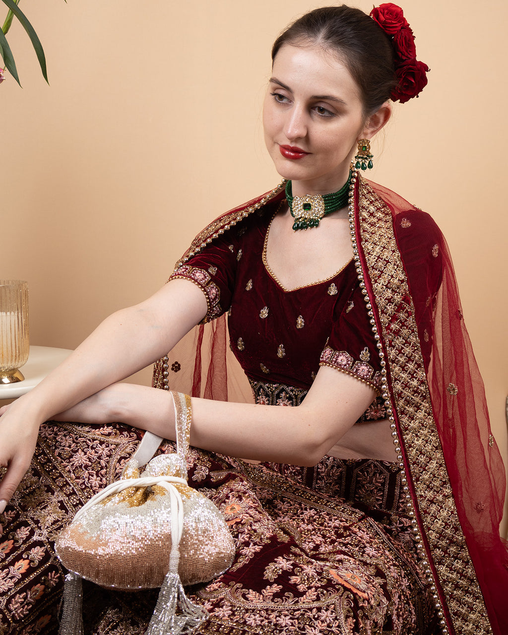 Cut dana work potli bag with gold silver rose shimmer velvet drawstring closure festive wedding ethnic accessory