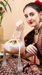 Cut dana work potli bag with gold silver rose shimmer velvet drawstring closure festive wedding ethnic accessory