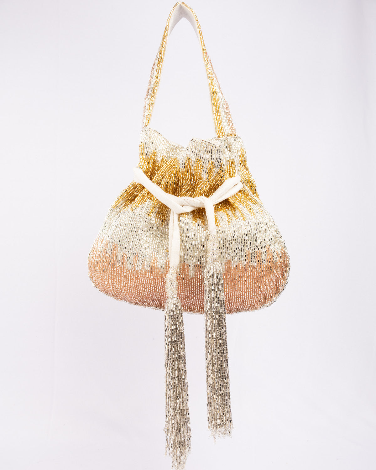 Cut dana work potli bag with gold silver rose shimmer velvet drawstring closure festive wedding ethnic accessory