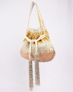 Cut dana work potli bag with gold silver rose shimmer velvet drawstring closure festive wedding ethnic accessory