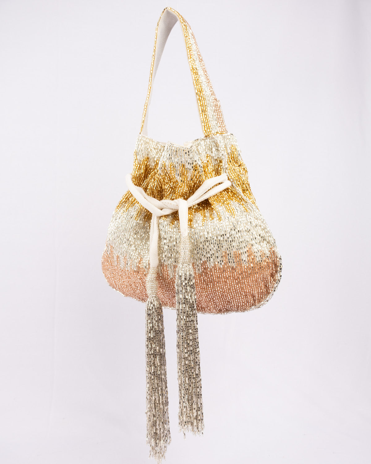 Cut dana work potli bag with gold silver rose shimmer velvet drawstring closure festive wedding ethnic accessory
