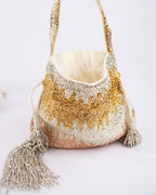 Cut dana work potli bag with gold silver rose shimmer velvet drawstring closure festive wedding ethnic accessory