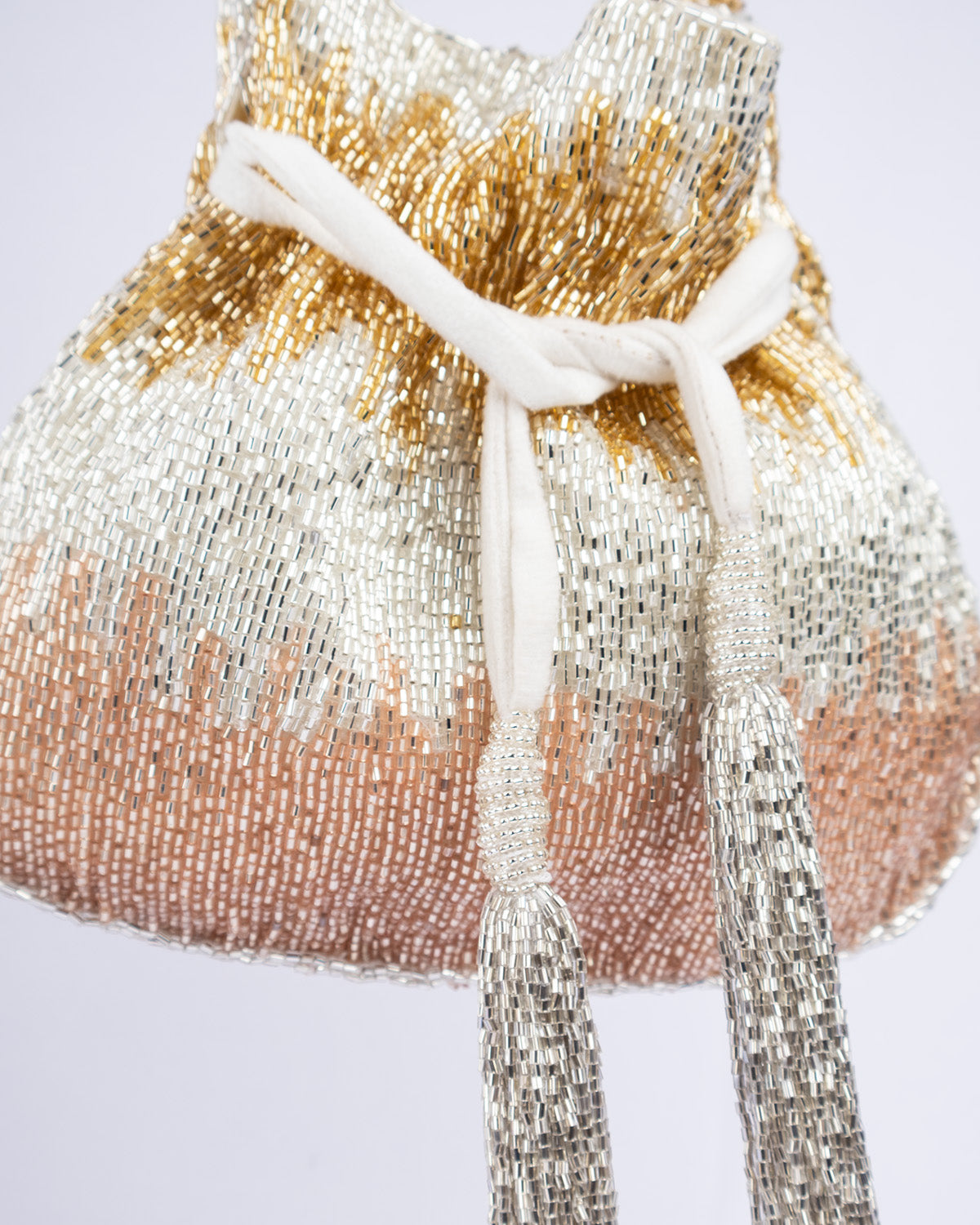Cut dana work potli bag with gold silver rose shimmer velvet drawstring closure festive wedding ethnic accessory