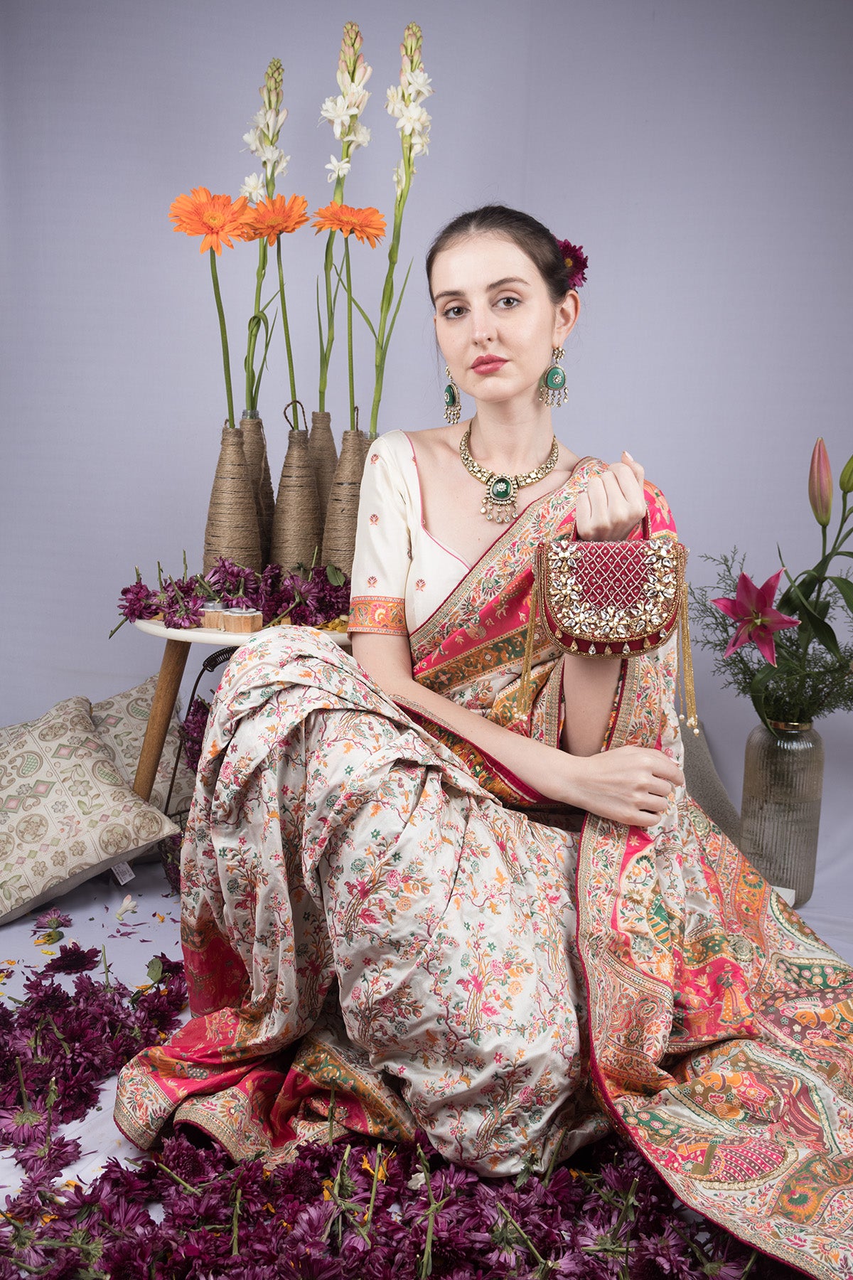 Rani pink hand-embellished clutch bag with diamond bead work suede lining detachable chain wedding and festive party wear