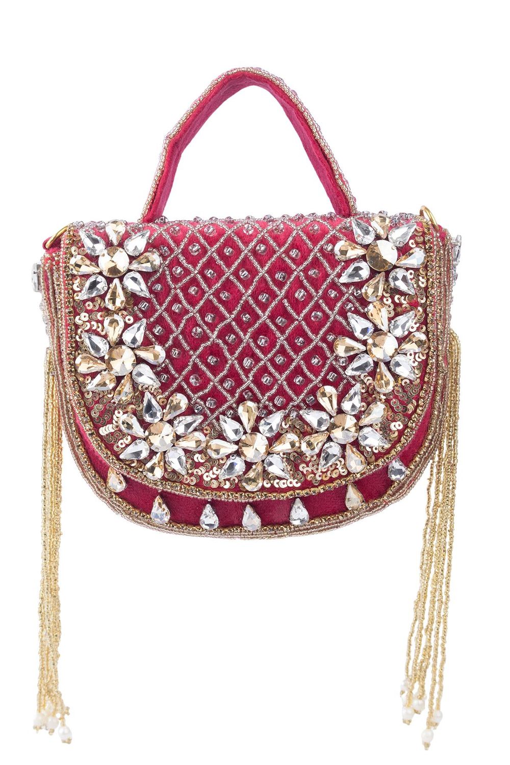 Rani pink hand-embellished clutch bag with diamond bead work suede lining detachable chain wedding and festive party wear
