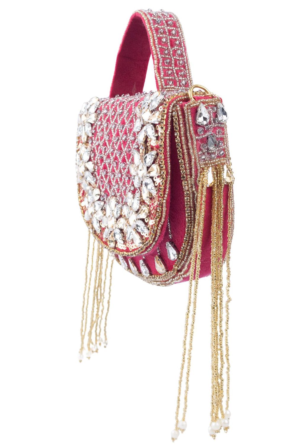 Rani pink hand-embellished clutch bag with diamond bead work suede lining detachable chain wedding and festive party wear