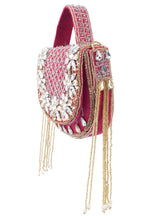 Rani pink hand-embellished clutch bag with diamond bead work suede lining detachable chain wedding and festive party wear
