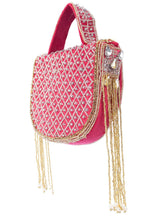 Rani pink hand-embellished clutch bag with diamond bead work suede lining detachable chain wedding and festive party wear