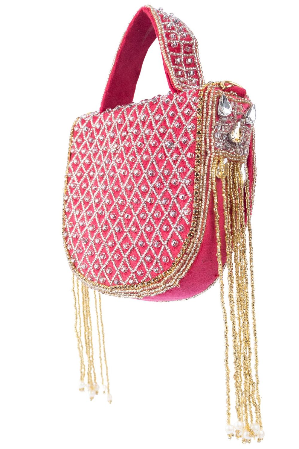 Rani pink hand-embellished clutch bag with diamond bead work suede lining detachable chain wedding and festive party wear