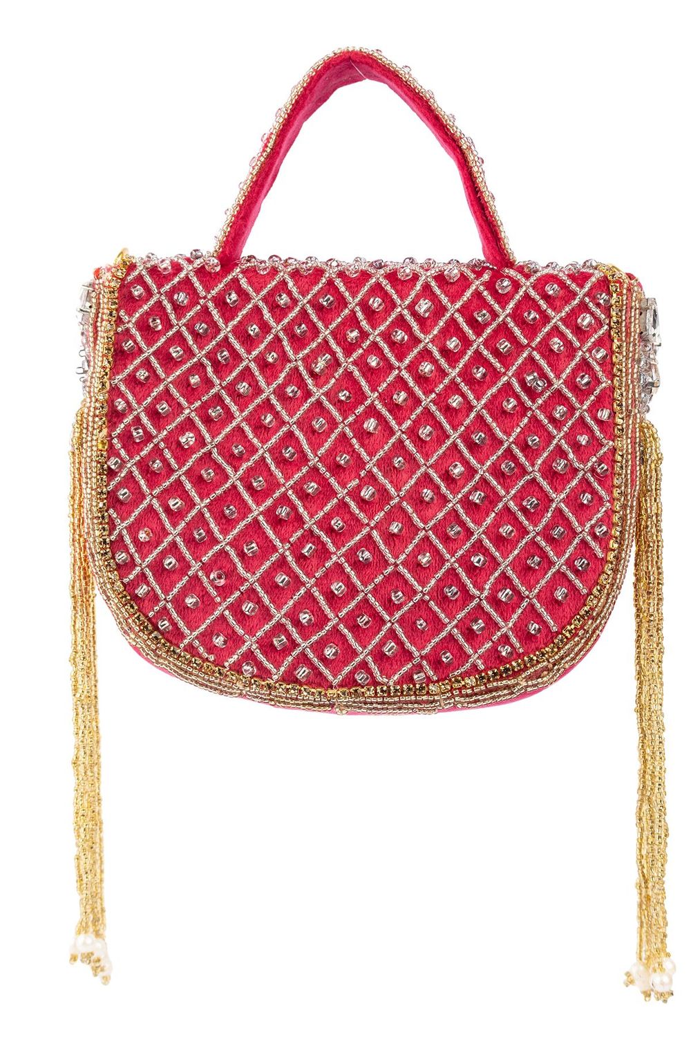 Rani pink hand-embellished clutch bag with diamond bead work suede lining detachable chain wedding and festive party wear