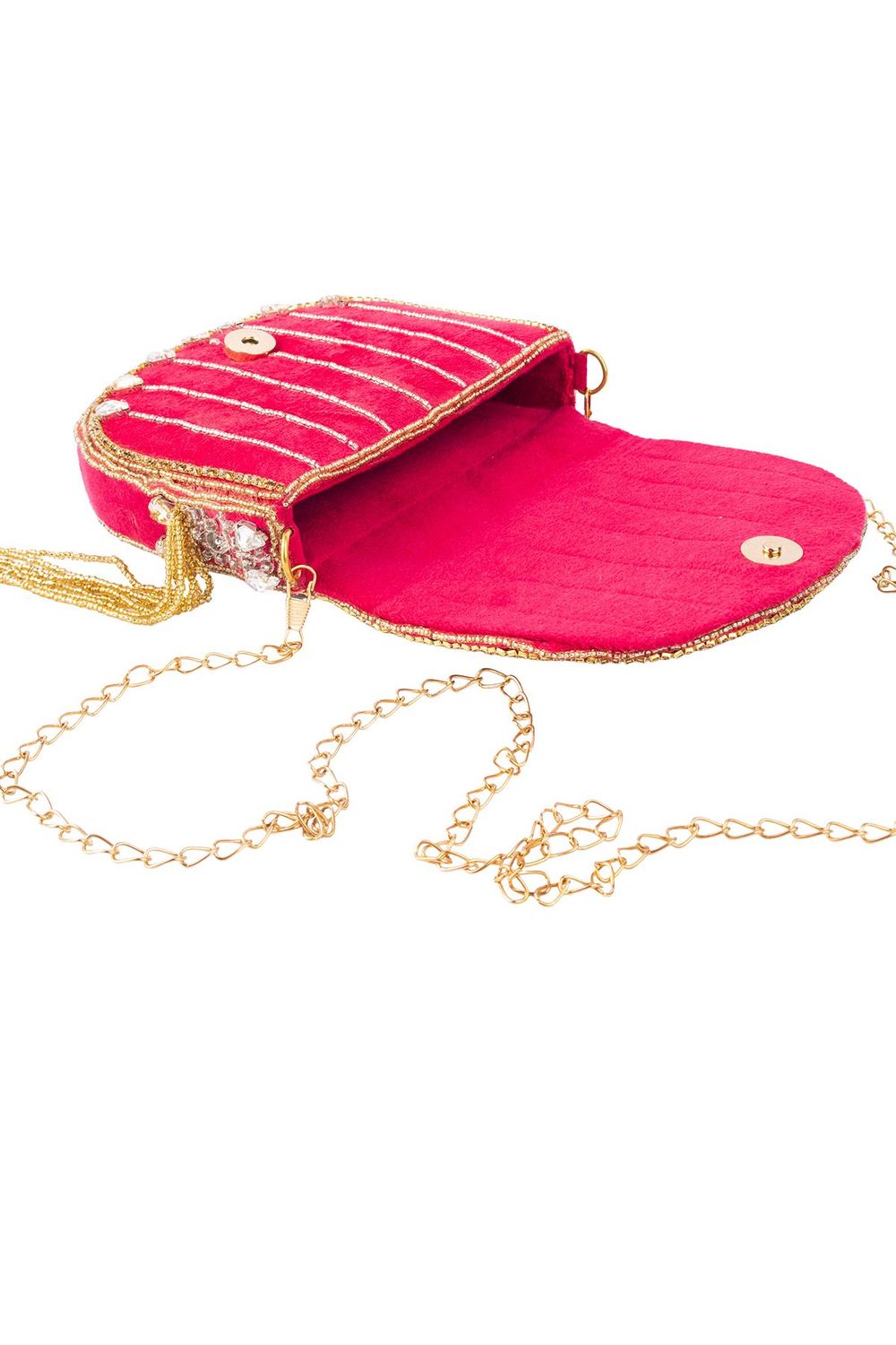 Rani pink hand-embellished clutch bag with diamond bead work suede lining detachable chain wedding and festive party wear