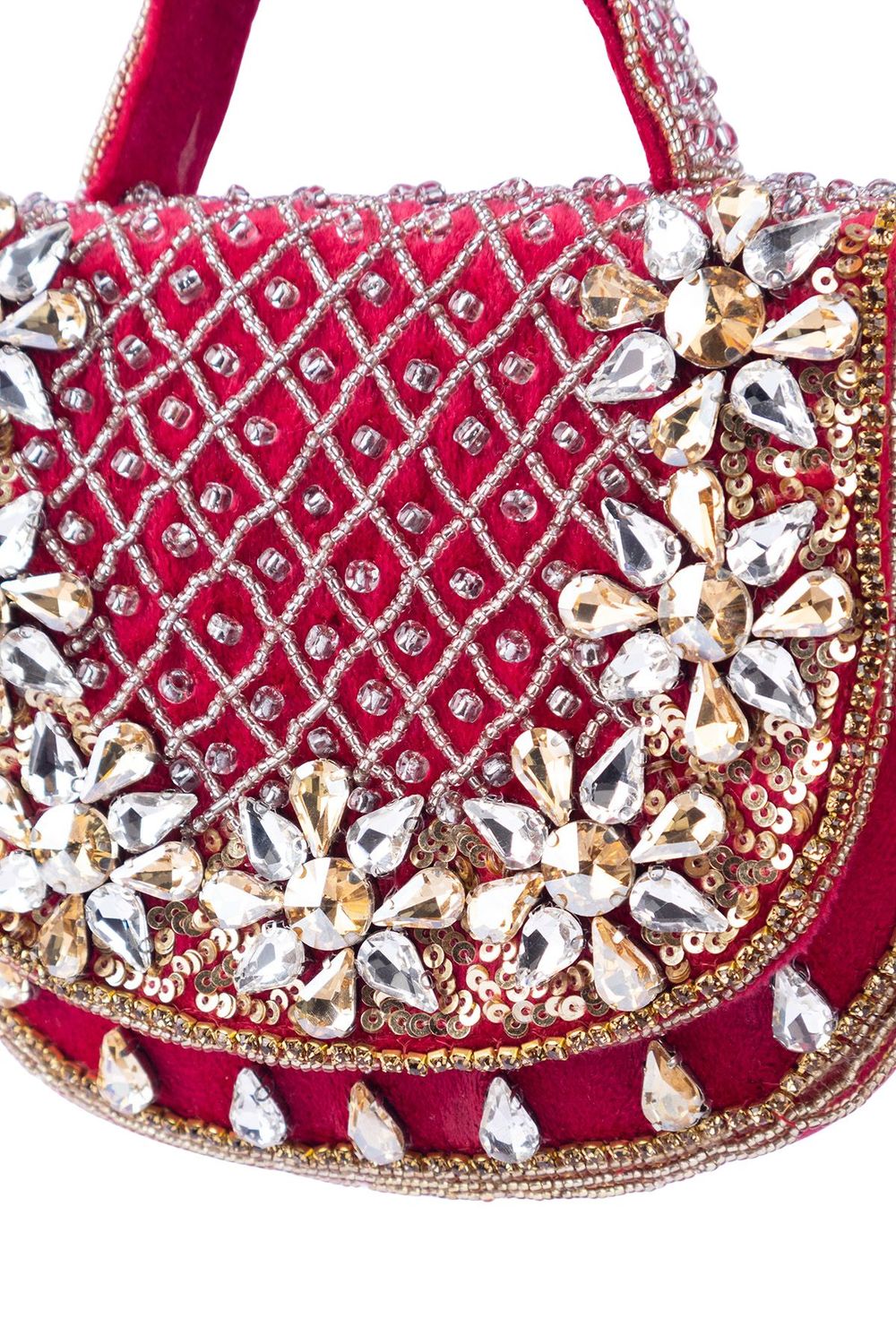 Rani pink hand-embellished clutch bag with diamond bead work suede lining detachable chain wedding and festive party wear