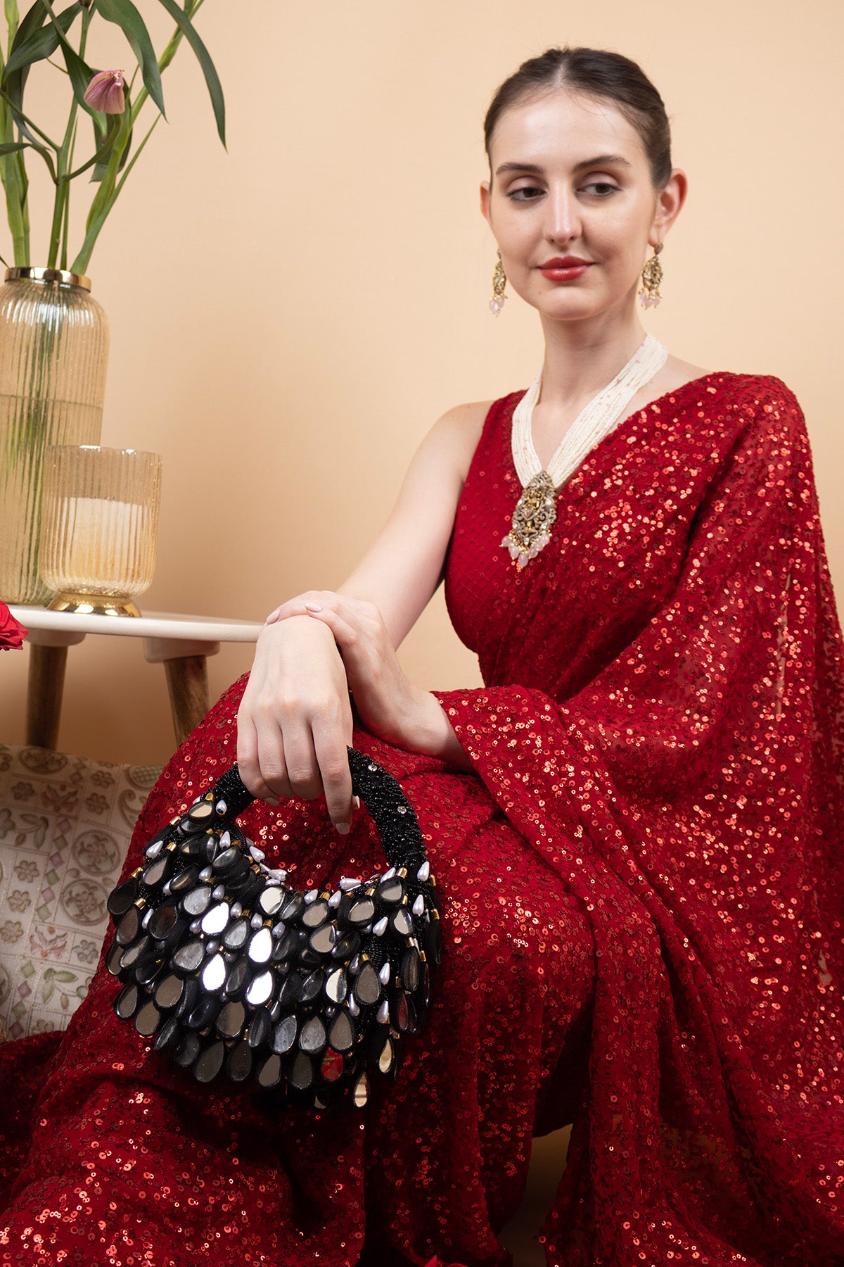 Black mirror work beaded ethnic clutch for women for wedding and party wear