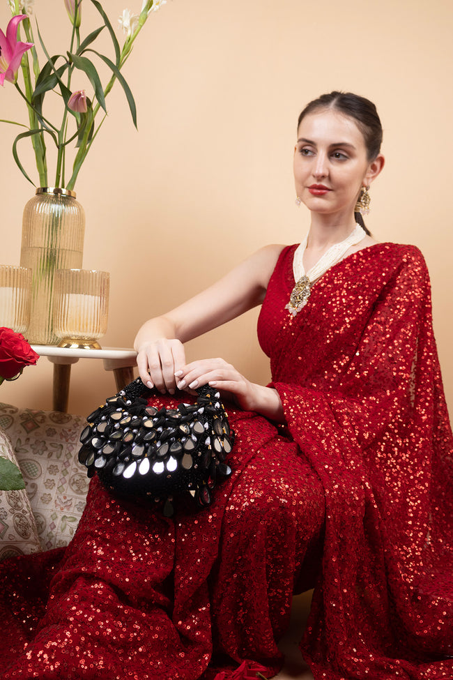 Black mirror work beaded ethnic clutch for women for wedding and party wear Hover Image