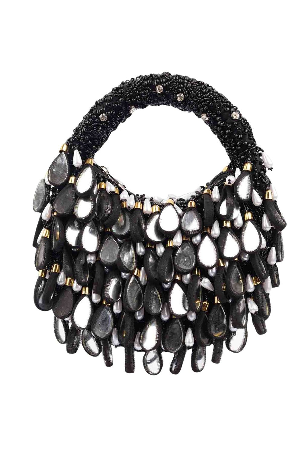 Black mirror work beaded ethnic clutch for women for wedding and party wear