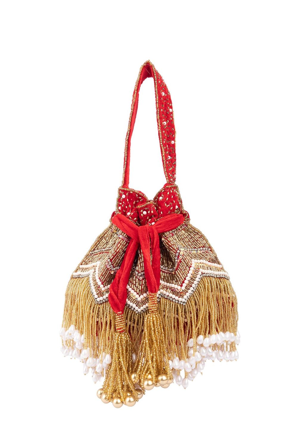 Red velvet potli bag with cutdana pearl and stone embellishments with drawstring and handle for wedding and festive wear