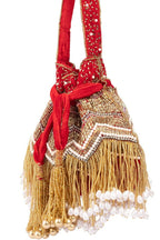 Red velvet potli bag with cutdana pearl and stone embellishments with drawstring and handle for wedding and festive wear