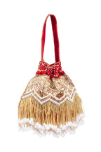 Red velvet potli bag with cutdana pearl and stone embellishments with drawstring and handle for wedding and festive wear