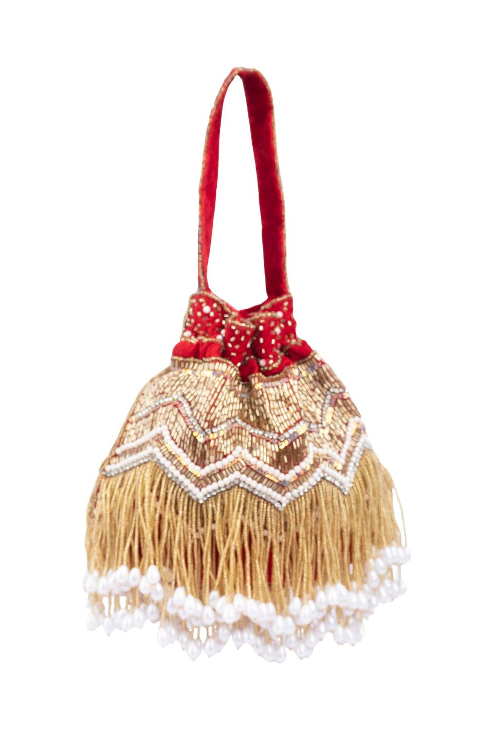 Red velvet potli bag with cutdana pearl and stone embellishments with drawstring and handle for wedding and festive wear