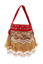 Red velvet potli bag with cutdana pearl and stone embellishments with drawstring and handle for wedding and festive wear