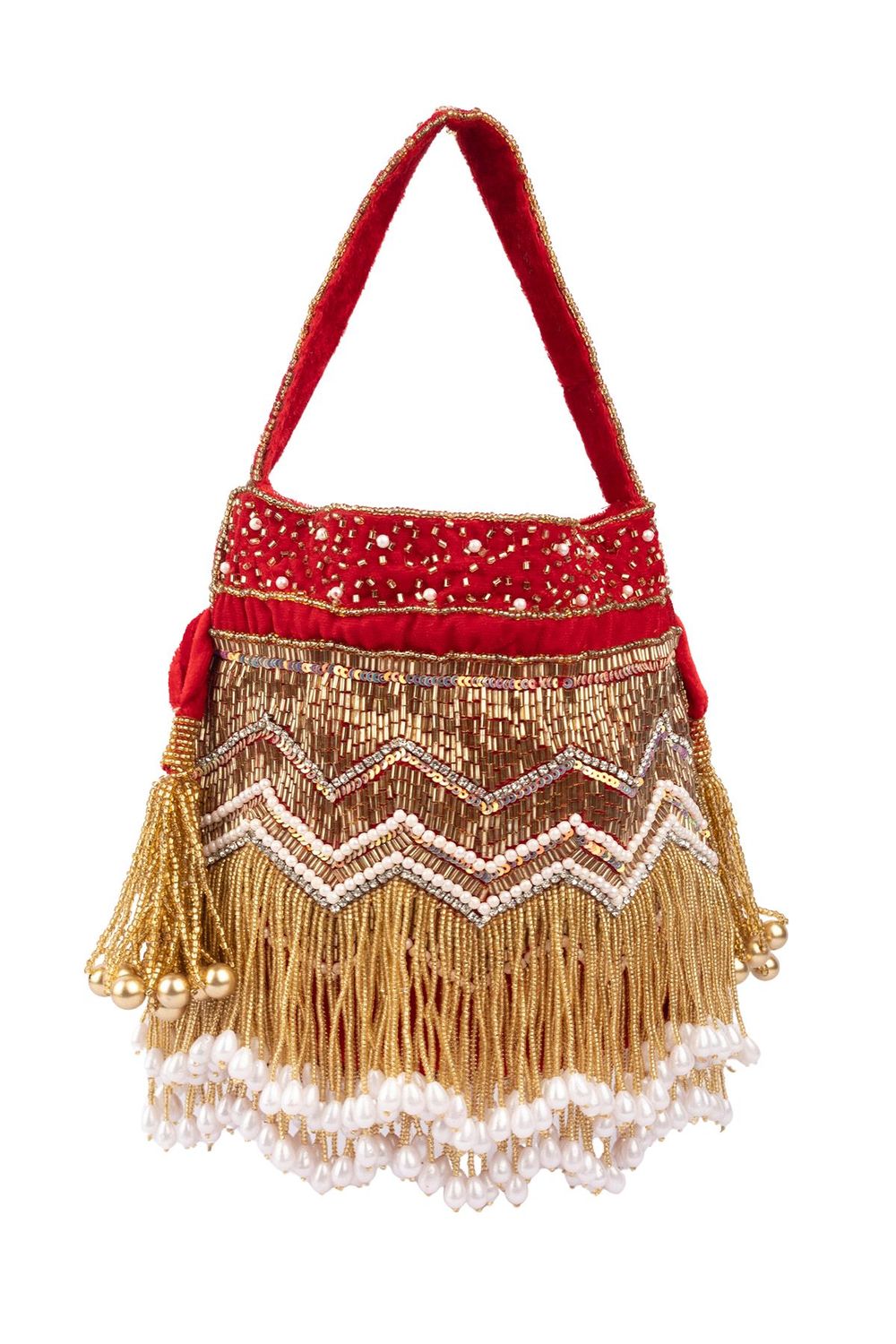 Red velvet potli bag with cutdana pearl and stone embellishments with drawstring and handle for wedding and festive wear