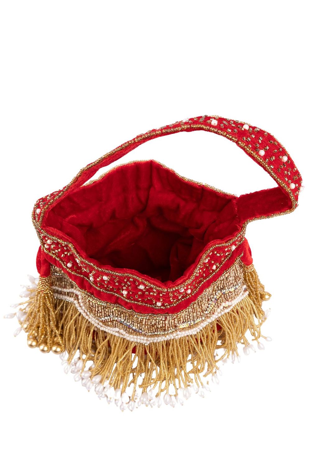 Red velvet potli bag with cutdana pearl and stone embellishments with drawstring and handle for wedding and festive wear