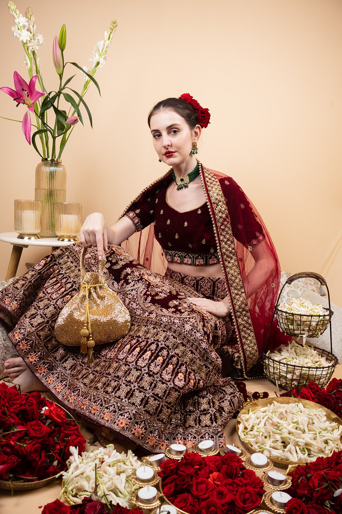 Gold cut dana handcrafted potli bag with bead embroidery drawstring closure tassels festive wedding ethnic accessory
