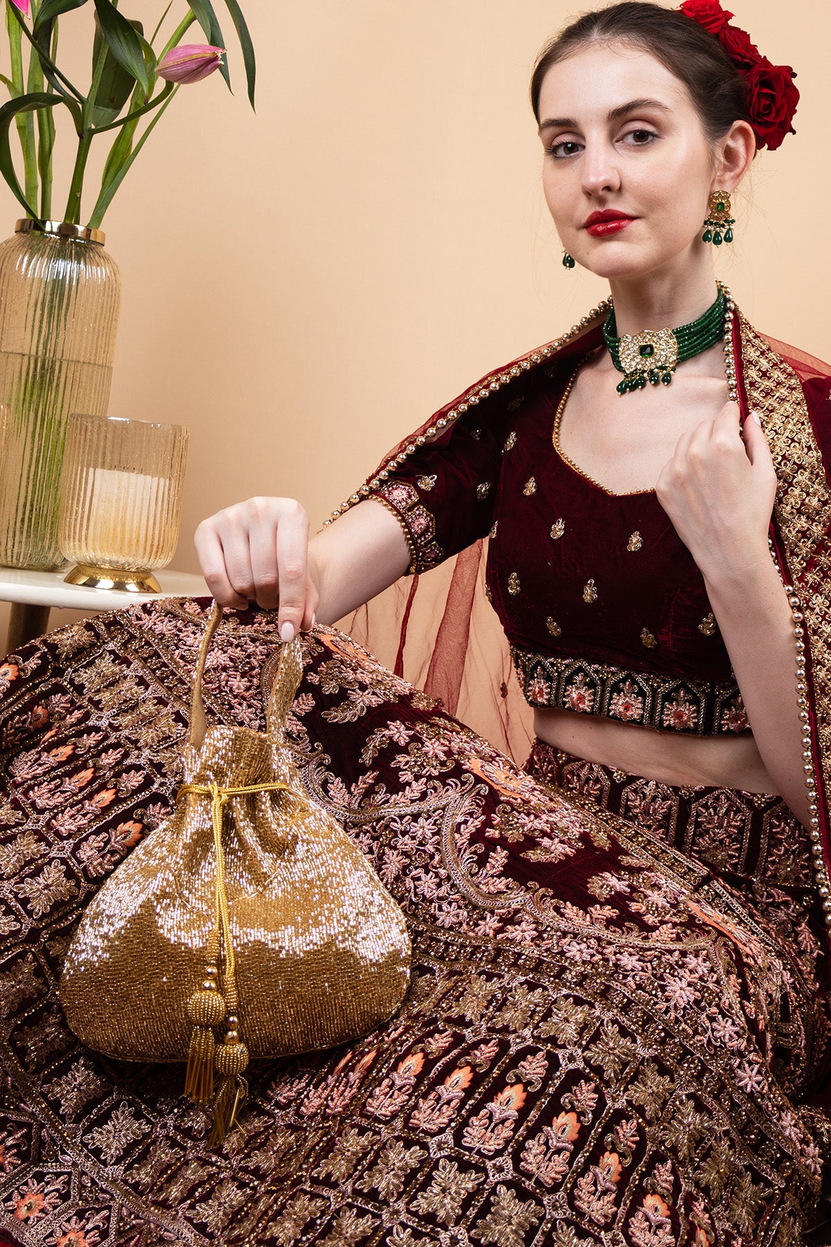 Gold cut dana handcrafted potli bag with bead embroidery drawstring closure tassels festive wedding ethnic accessory